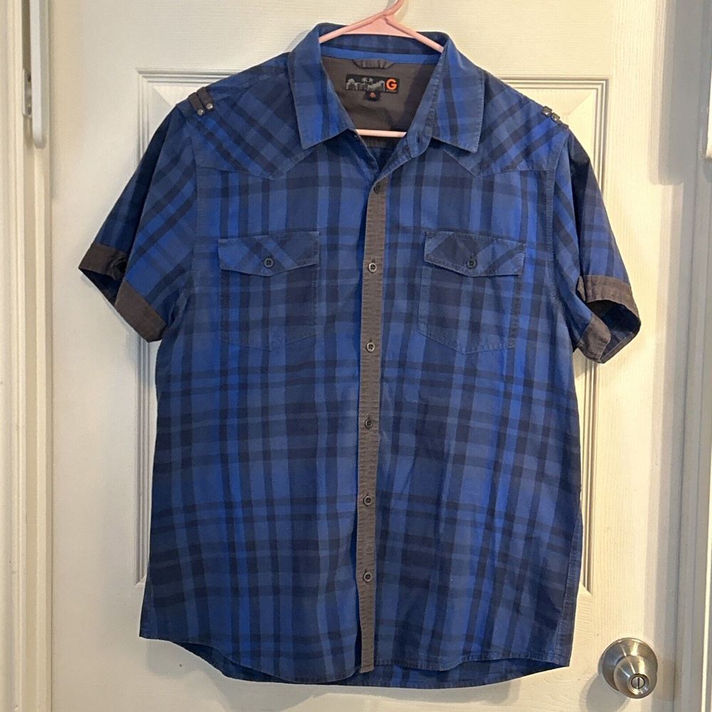 Men's Guess Button Down Shirt Western Style‎ XL Blue Plaid Short Sleeves Retro